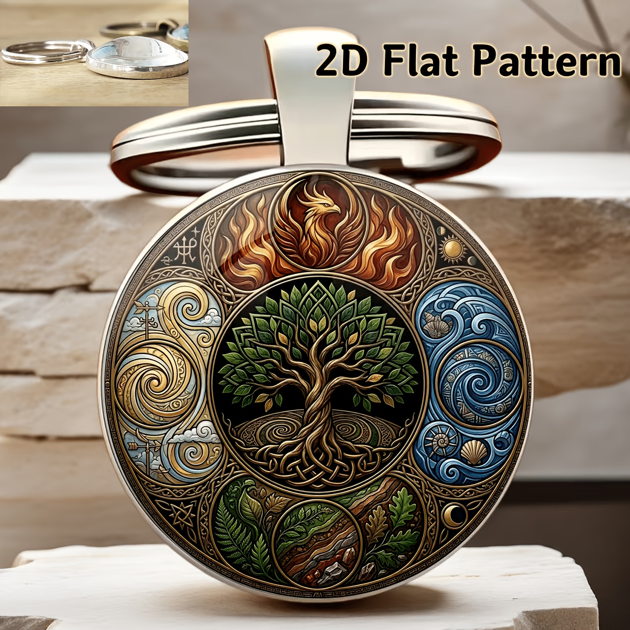 TEMU 1pc Tree Of Life Phoenix And 4 Elements Alloy Keychain, Nordic Celtic Element Key Ring, Spiritual Charm, Viking Tree Of Life Keychain, Nature