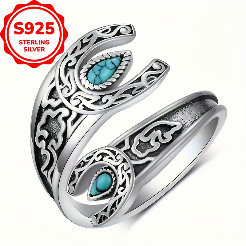 

-chic Adjustable 925 Sterling Silvery Ring With Turquoise - Vintage Engraved Design, Hypoallergenic, Perfect Gift For Her