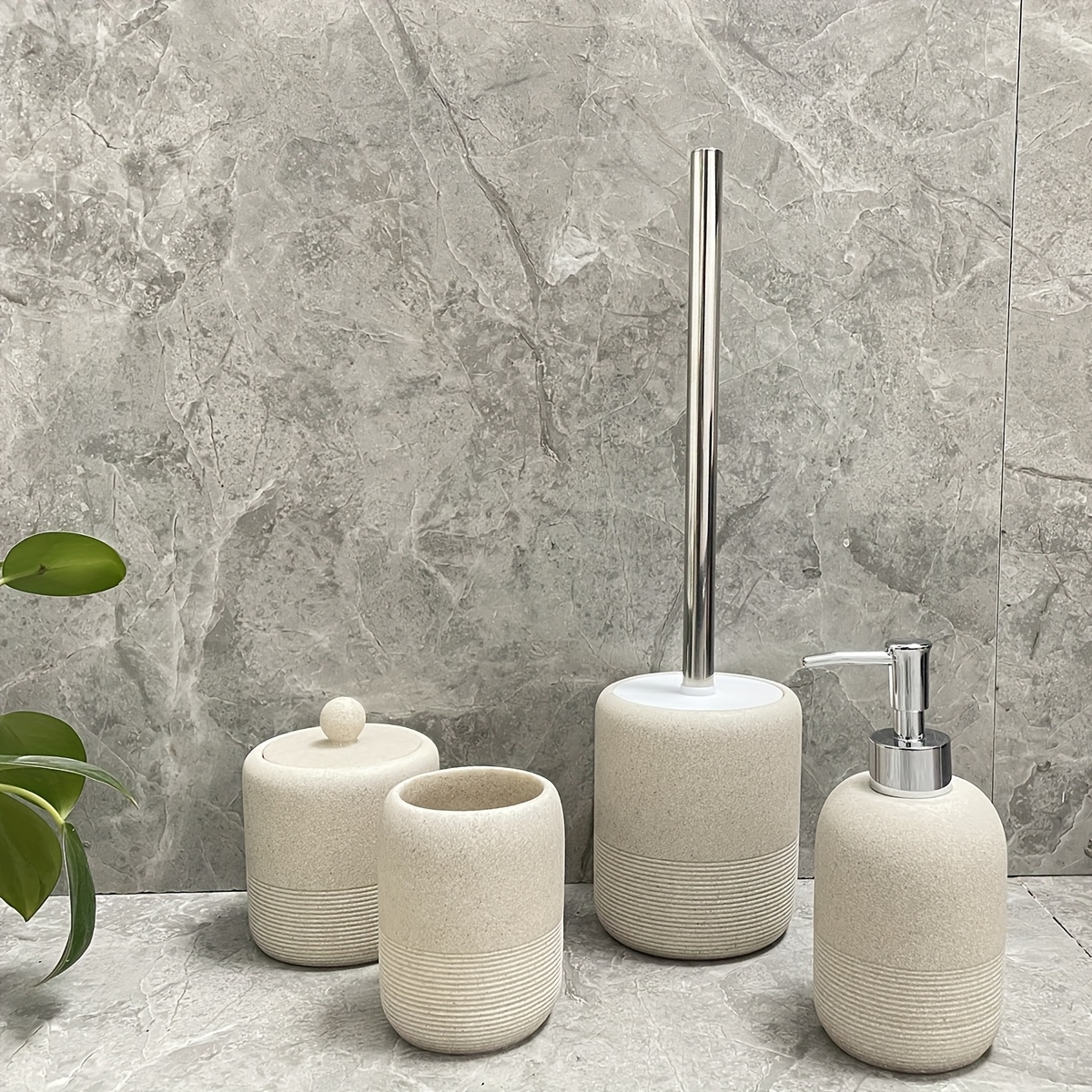 Image of Begie Sandstone Soap Dispenser Tumbler Box Toilet Brush Holder Bathroom Accessories Sets
