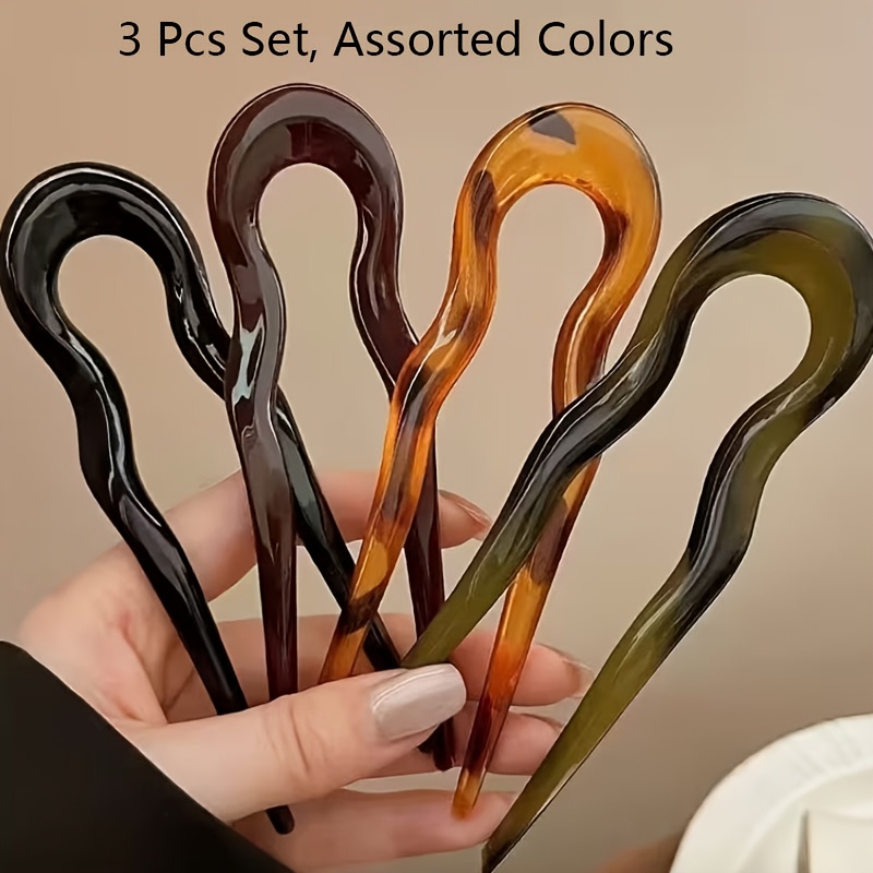 TEMU 3 pezzi Forcine a U in acrilico per donna a colori casuali, Fermacapelli semplici per acconciatura a sulla nuca, Accessori per capelli da donna,