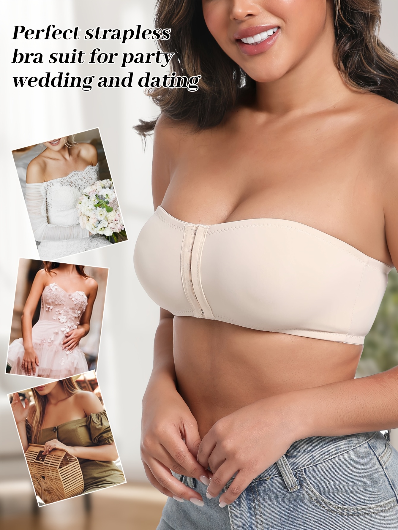 Women's Strapless Front Closure Bra, Seamless Solid Color, No Underwire, Casual Style with Anti-Rolling Silicone Grip