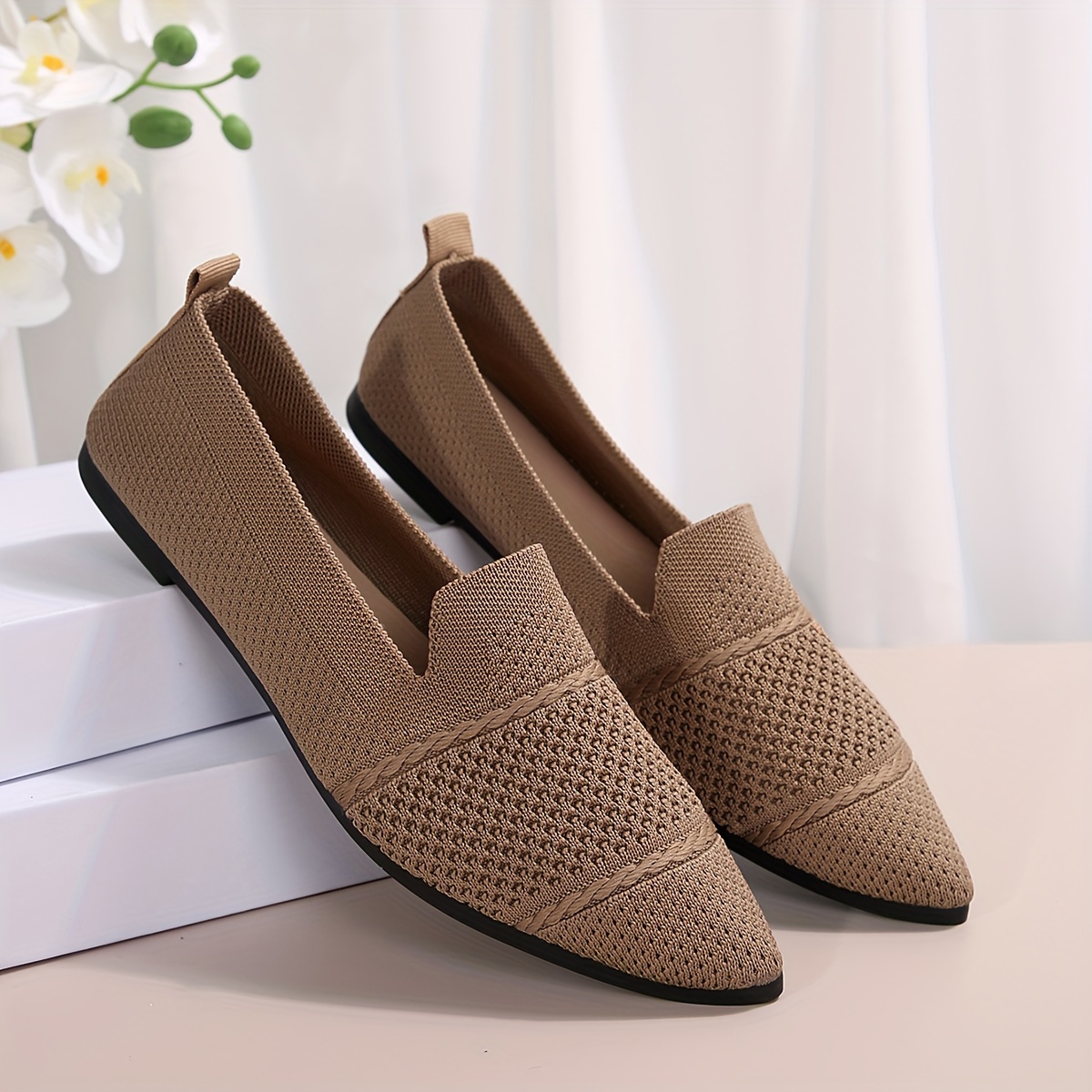Elegant Ballet Flat Shoes For Women, Slip-On Breathable Soft Sole Daily Knitted Ballets, Point Toe Daily Wear