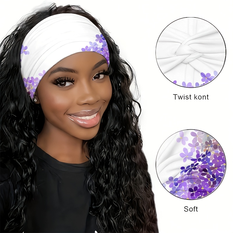 2D FLAT White Background with Purple Flower Gradient Sequin Pattern Headband, for Yoga / Gym / Running / Cycling, Travel / Outing / Beach, Wide-Brim / Fashion Hair Accessory / Sweat-Absorbent / Elastic / Knotted Design, Valentine's Day, 2D Flat