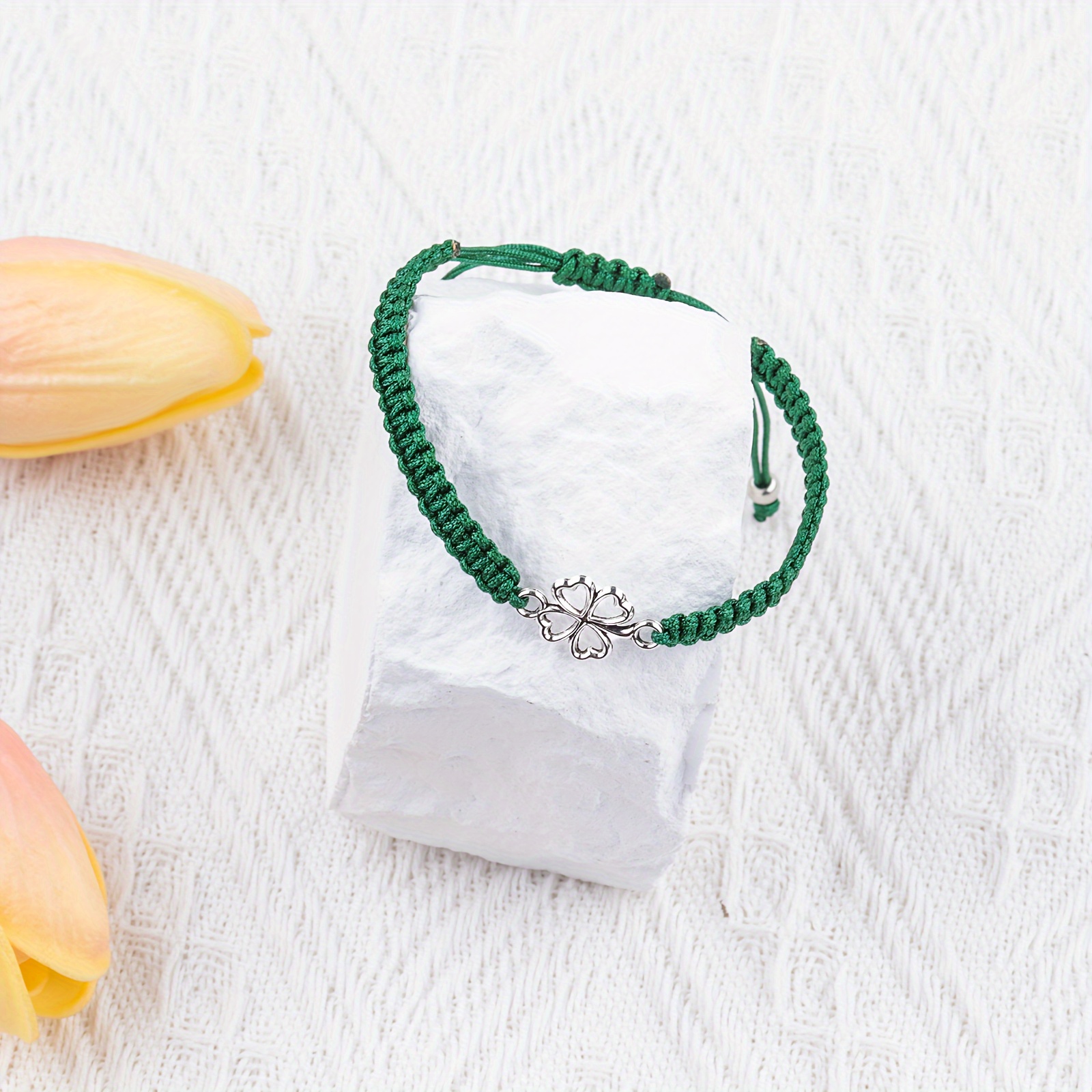 Lucky Four Leaf Clover Adjustable Woven Bracelet, Good Luck
