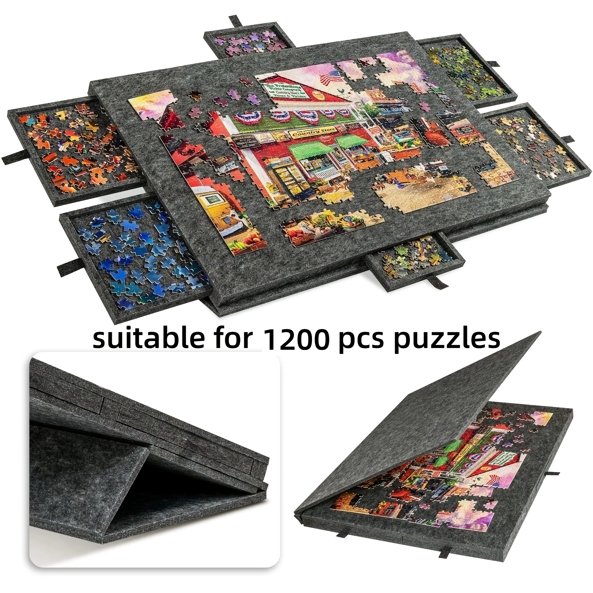 Table Puzzle 1000 Pièces Pliable Avec Support Et Housse - Planche Légère En Feutre Gris Clair - 6 Tiroirs