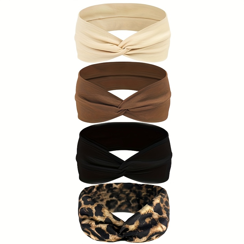 Image of 4pcs Mixia Women’s Cross-back Headbands - Sweat-wicking Breathable Non-slip Hairbands For Sports, Yoga, Running, 12 Colors (leopard Print & Solid), , Crossover Design, Nonlip Slipband