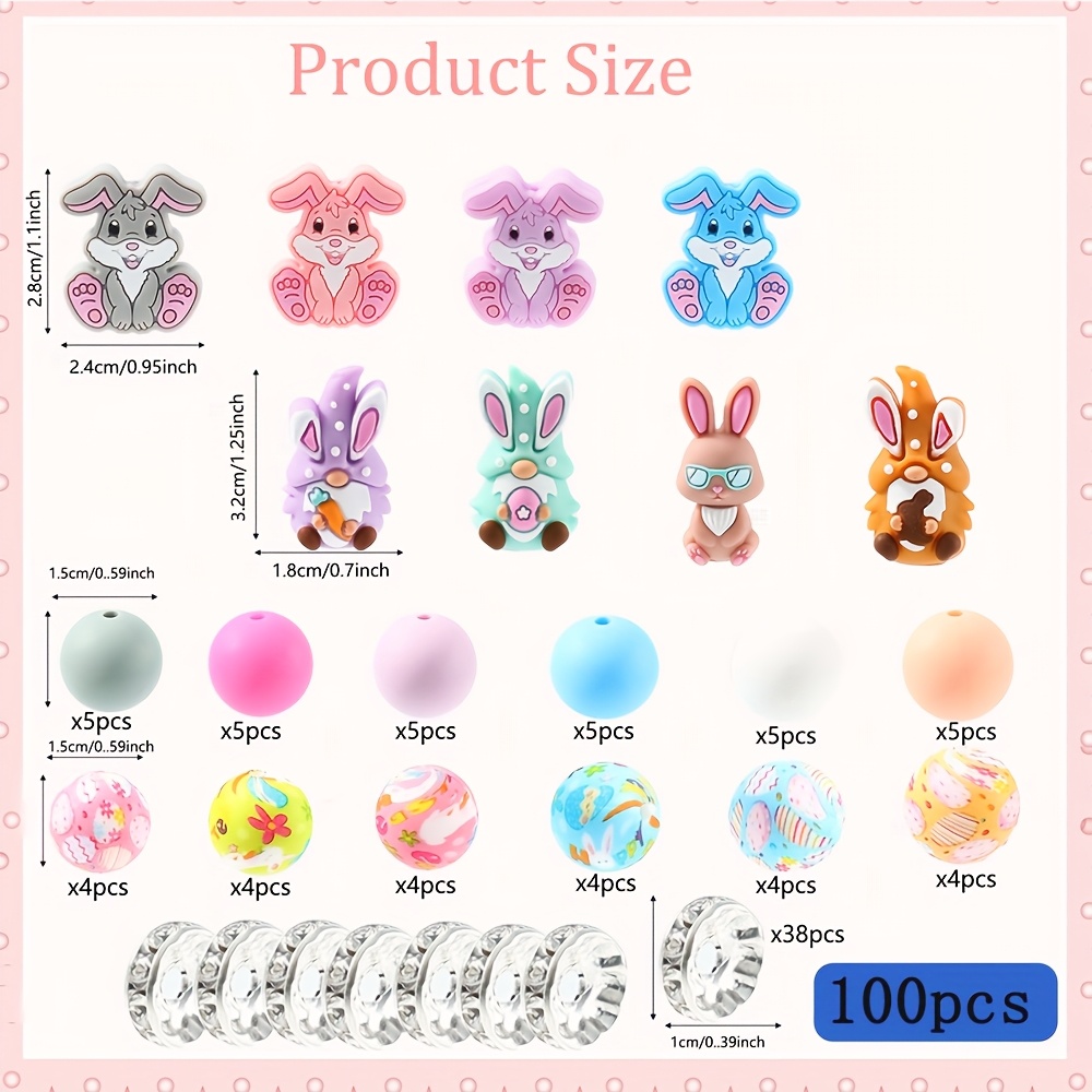 TEMU Easter Silicone Bead Set, 100pcs, 3d/2d Charm Bunny, Easter Element Watermark Silicone Beads And Other Beaded Accessories, Suitable For A Of