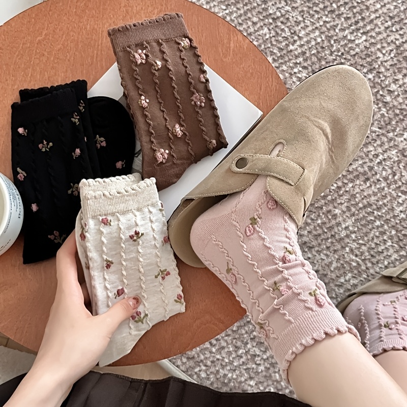 TEMU 4 Pairs Retro Color Korean Floral Socks 3d Small Rose Sweet Lace Pile Socks