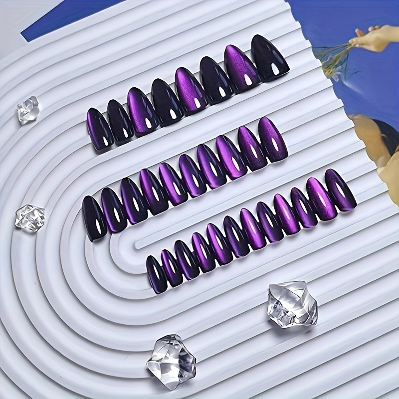 TEMU Purple Cat Eye Press-on Nails, Almond Shape, 30pcs Black Glitter False Nails Medium Size, Thick Dark Short Almond Shiny Nail Press-ons, Fake