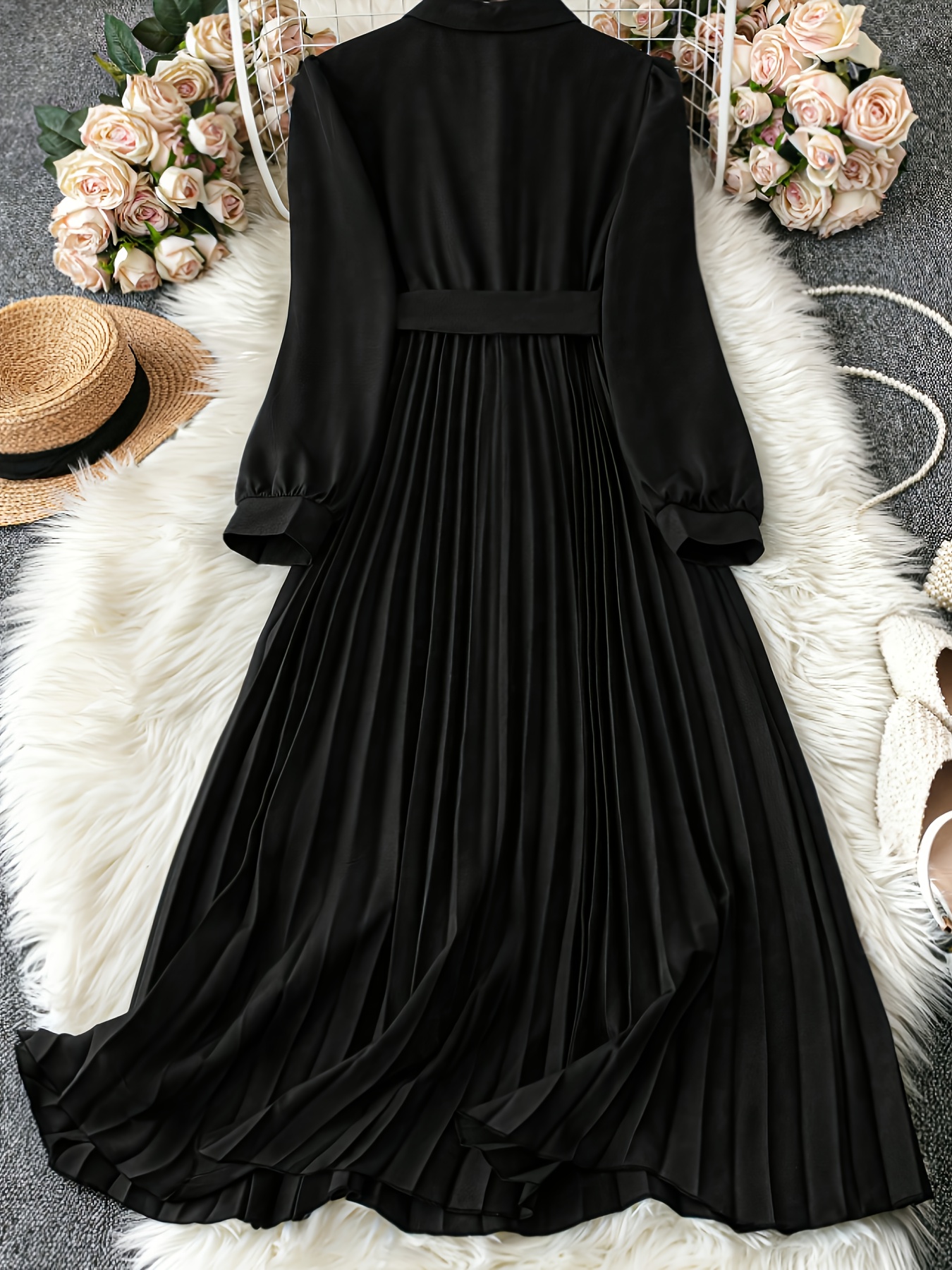 vrouwen elegante zwarte geplooide lange mouw jurk met riem h