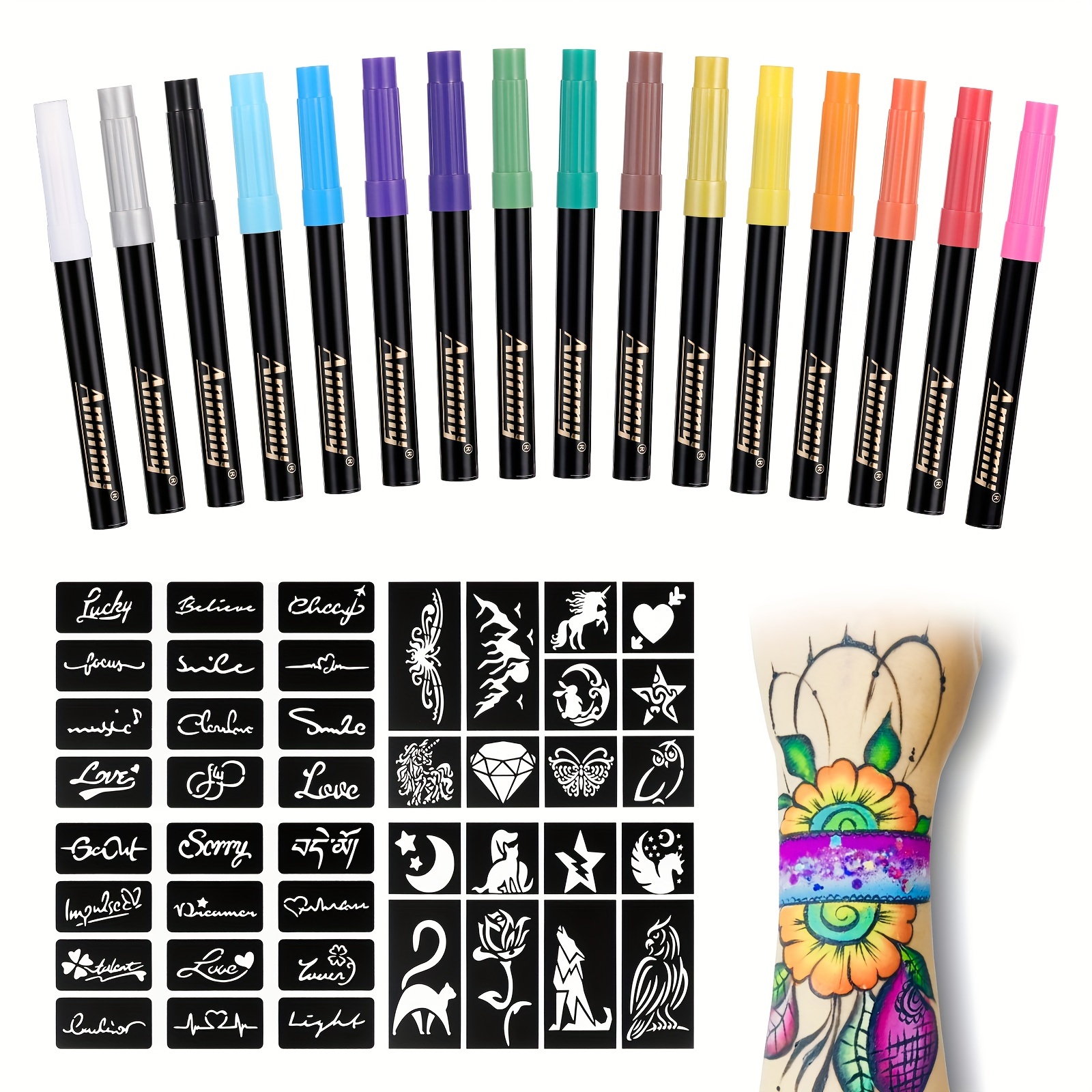 

Temporary Tattoo Markers For Skin, 16-count Body Markers+77 Large Tattoo Stencils Of Assorted Colors For Adults, Flexible Brush Tip, Bright Colors, Skin-safe*, Cosmetic-grade. For