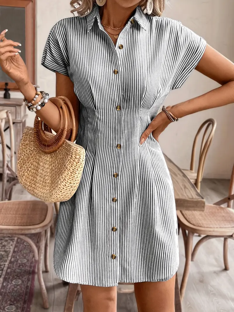 κομψό ριγέ φόρεμα πουκάμισο με κοντά μανίκια a-line για γυναίκες, υψηλή μέση με κουμπιά, καθημερινό καλοκαιρινό φόρεμα γραφείου σε ανοιχτό παστέλ, άνετο πολυεστγ πουκάμισο, καθημερινό φόρεμα πουκάμισο, υψηλή μέση, φόρεμα γραφείου, 0