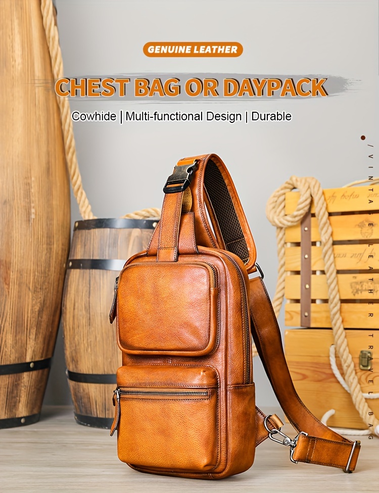 1pc mens vintage genuine leather cowhide chest bag - Temu display picture 3