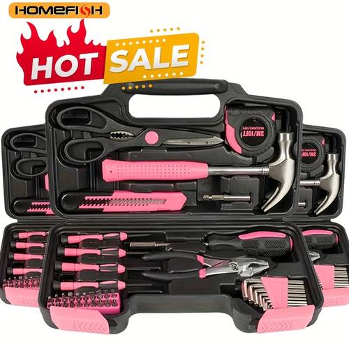 item picture 39pcs pink tool kit screwdriver utility knife scissors tape measure hammer internal hex wrench pliers suitable for home garage college ideal for women