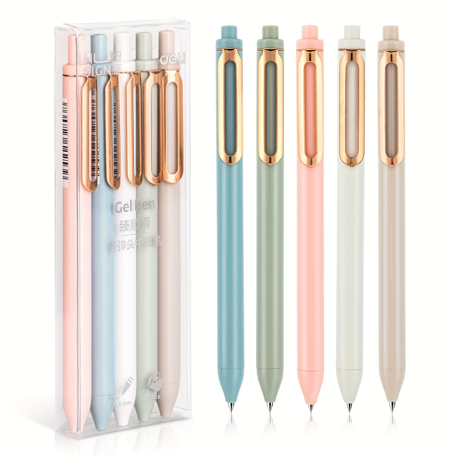 

5pcs Deli Gel Pens - 0.5mm , Quick-dry - Smooth In Assorted Pastel Colors With Golden Accents - Ideal For Office, School Supplies & Gifts For Women, Pens For