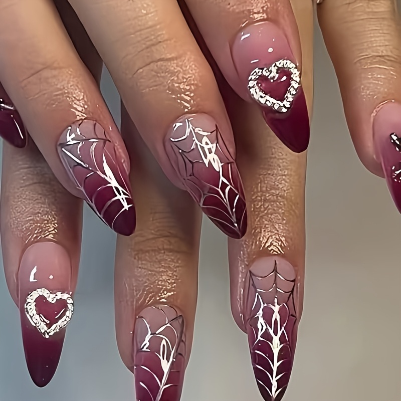 Almond-shaped Red Gradient Silvery Mesh Glossy Heart Press-on Wearable Nail Fake Of 24pcs Suitable For Ladies And Misses To Wear