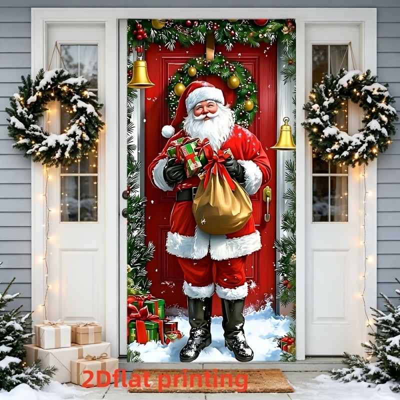 TEMU 2d Flat, 2d Door Banner, 2d Flat Banner, 1pc Santa Claus Red Door Cover With Gift Box And Golden Hanging Clock Wreath Print, Decorative Door