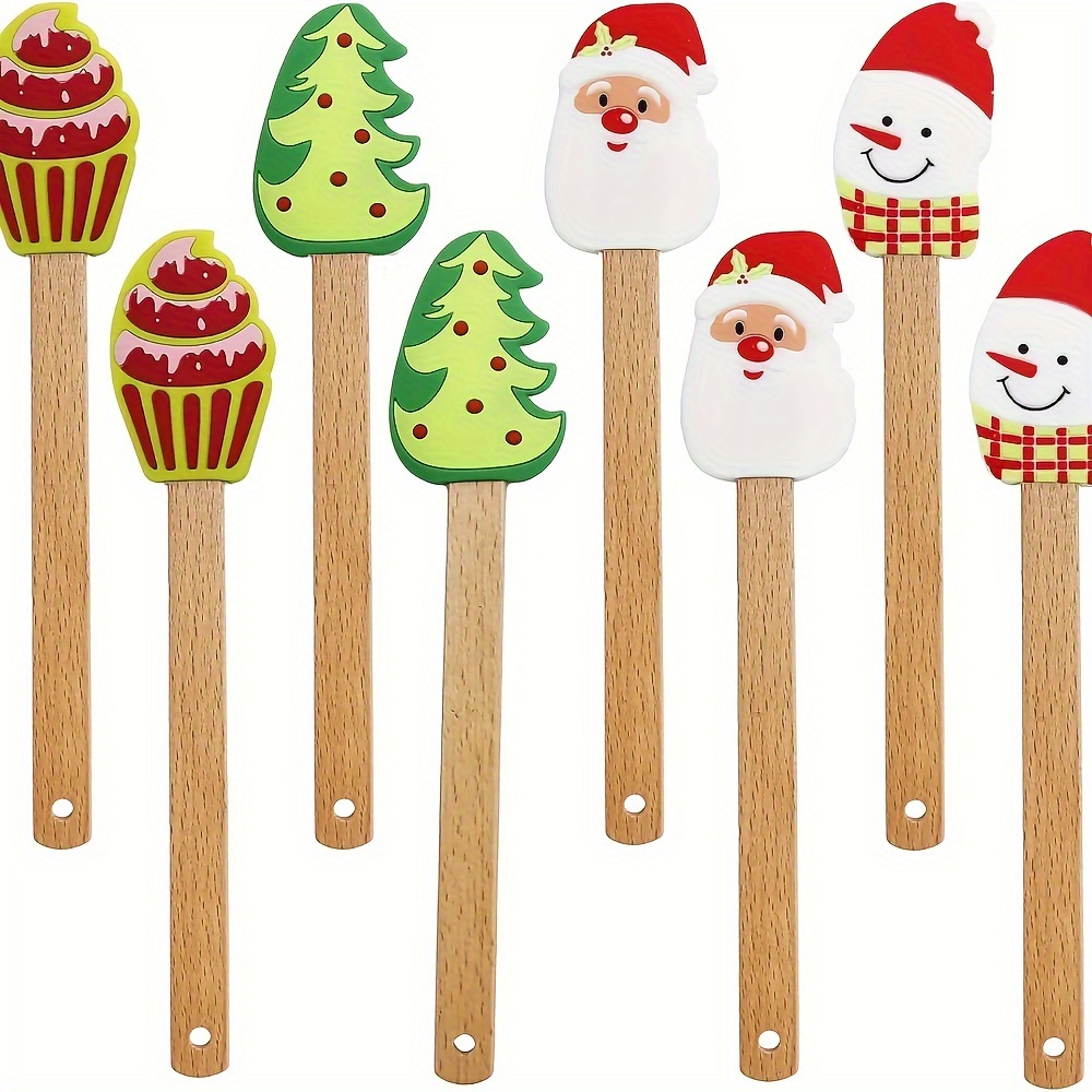 

8 Pcs Christmas Silicone Spatulas With Wooden Handles, Santa Claus & Holiday Patterns, Kitchen Baking & Cooking Tools For Cake Decorating And Mixing