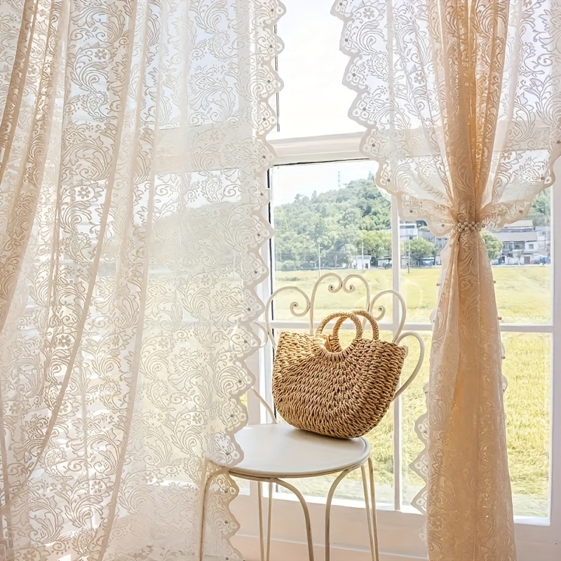 TEMU 1pc, French Sheer Curtain Panel With Beaded Lace Trim, Embroidered 100% Polyester , Wavy Rod , Adjustable Decorative Drapes For Living Room,