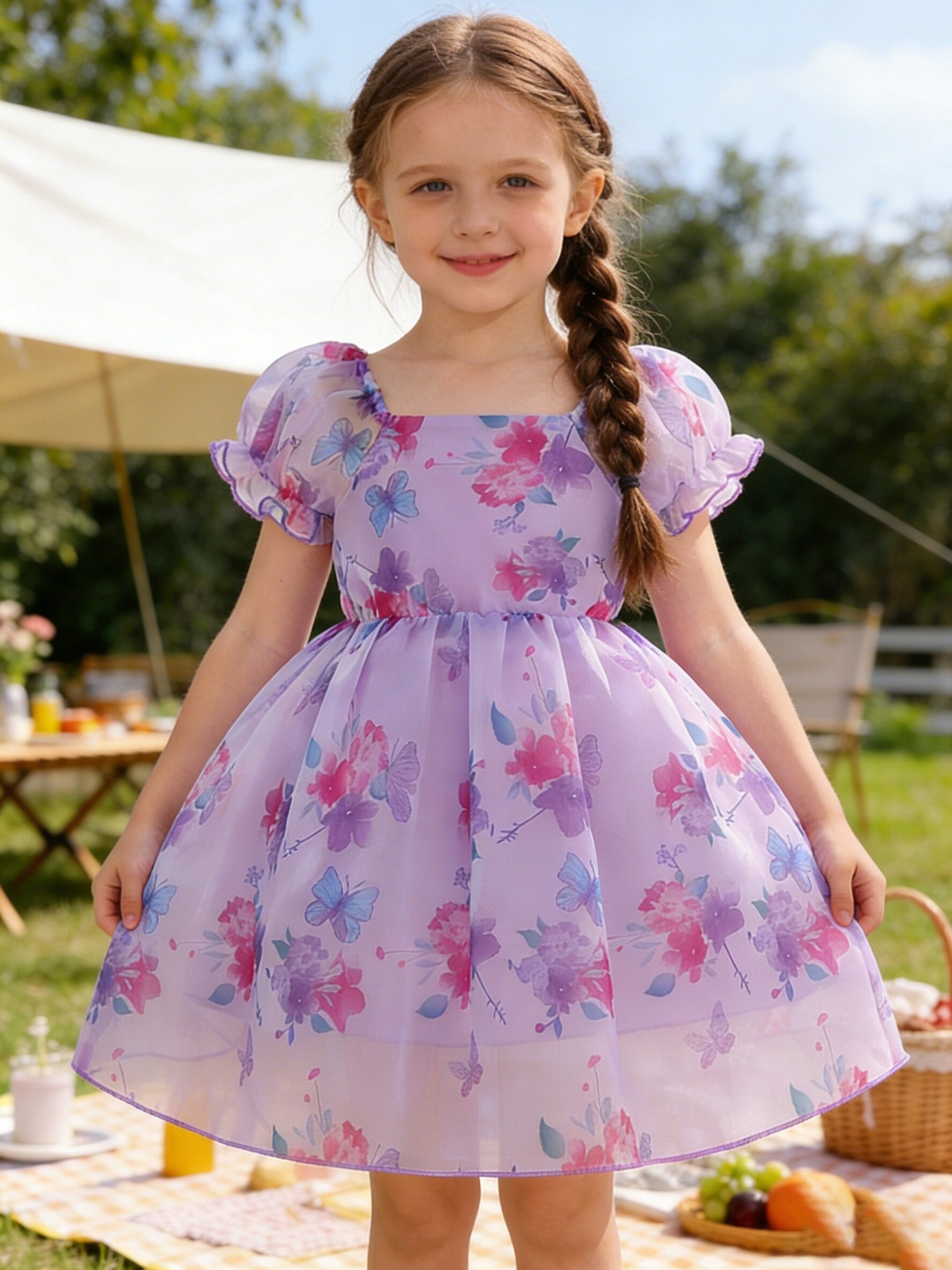 Robe Fille Youth Purple Multi Plissée - Taille 5 - Longueur Genou - Manches Courtes - Occasion