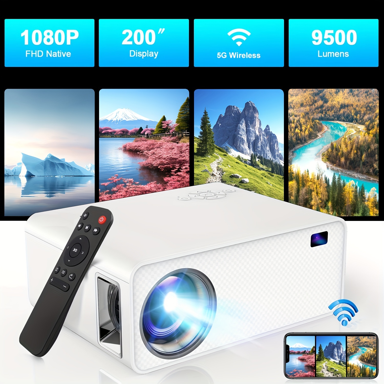 Proyector Bluetooth WiFi 5G, proyector nativo Full HD 1080P 9500 lúmenes  con pantalla de espejo inalámbrica, compatible con TV  Stick/HDMI/reproductor