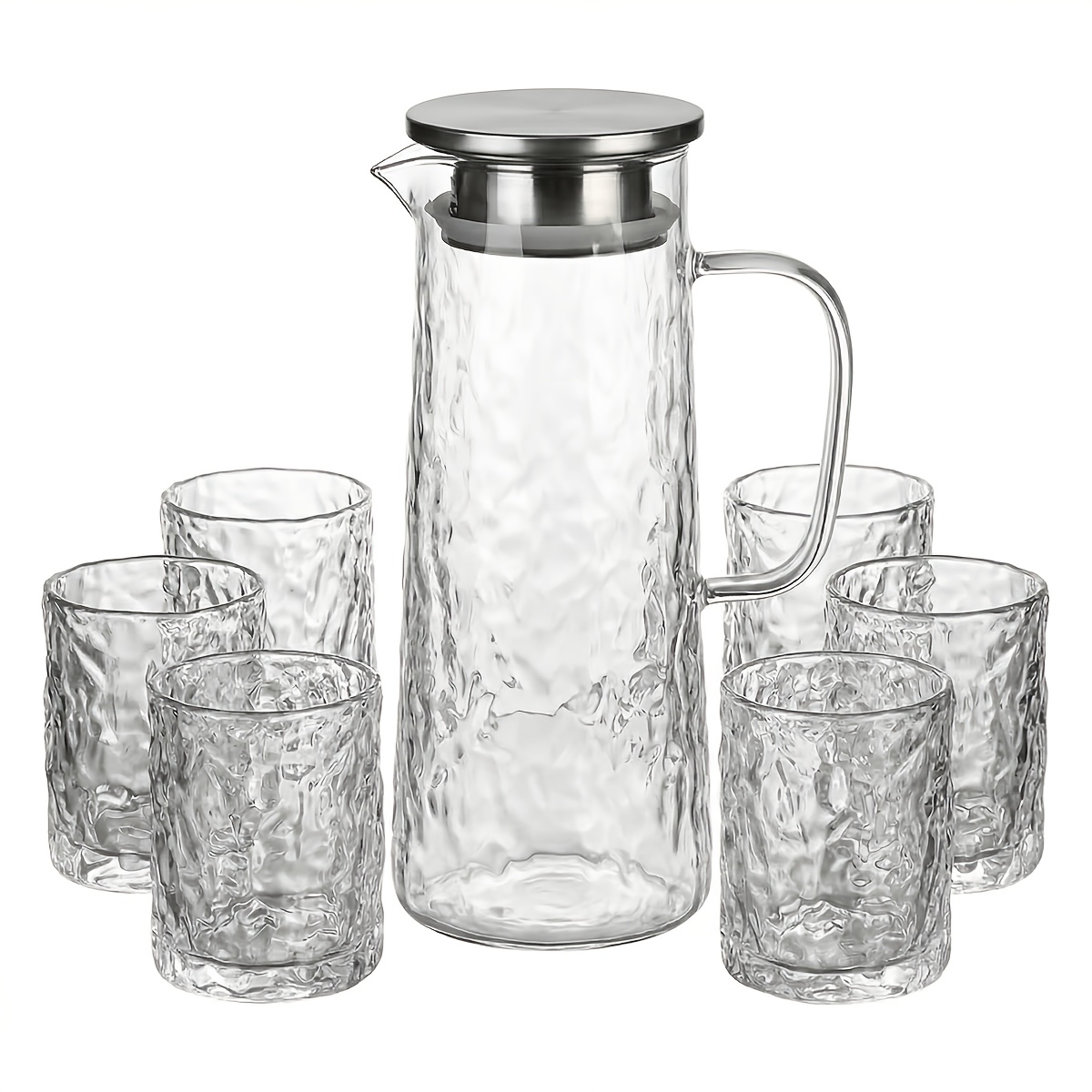 TEMU A 7pcs Water Bottle Set, Including 6 Glass Cups And 1 Cold Water Jug, Featuring An . Suitable For Water, , And Iced Coffee, Ideal For Home,