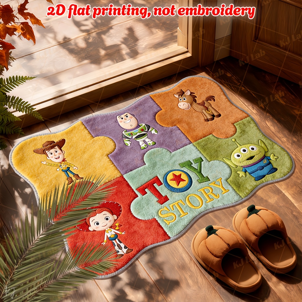 TEMU 2d Flat 1pc Wavy Irregular Floor Mat Yx45 - Toy Story Characters And Letter Logo Pattern - Warm And Cute Long Runner Rug, Soft And Comfortable,