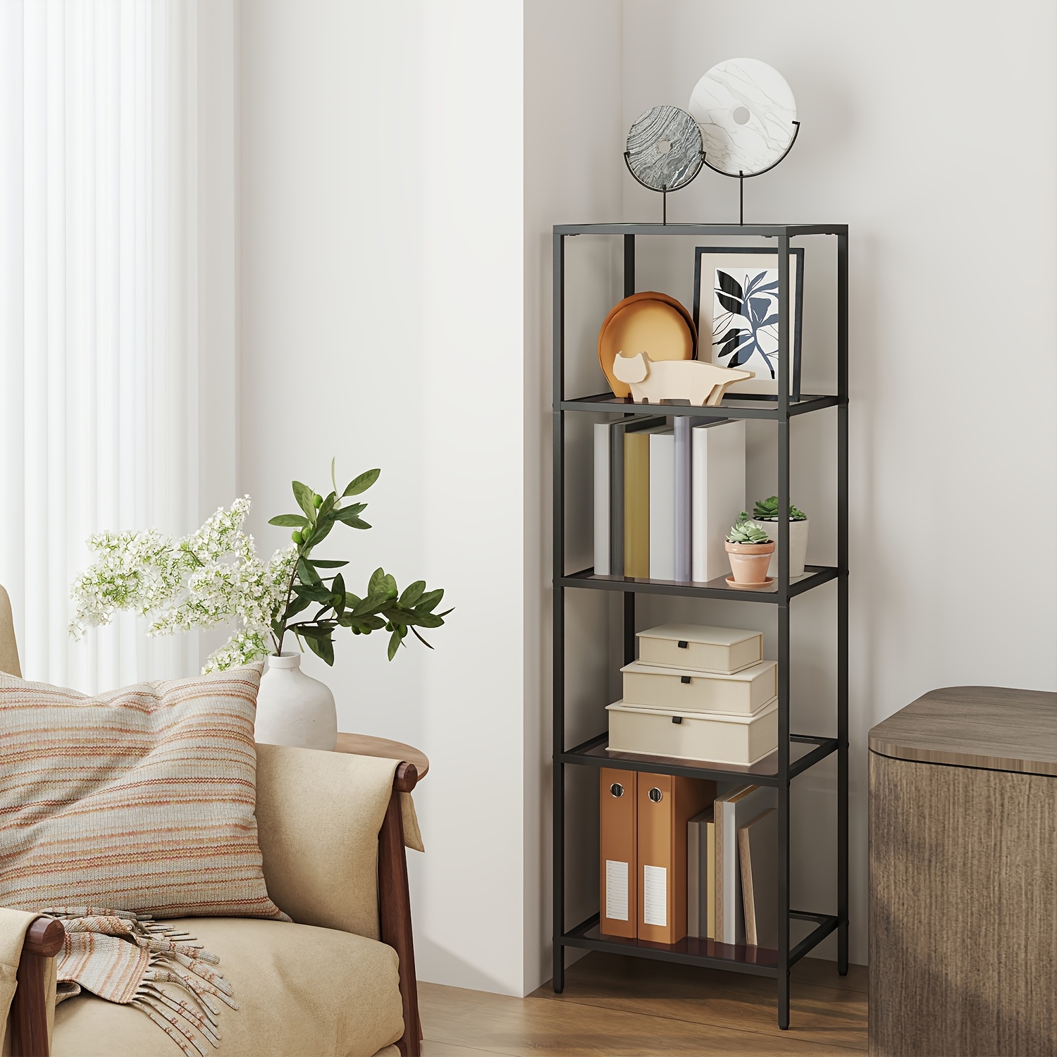 Five-level Shelving Unit, Bookcase, Storage Rack, Tempered, Easy To Assemble, Suitable For Bathroom And Living Room, In Black Color, Utility Racks