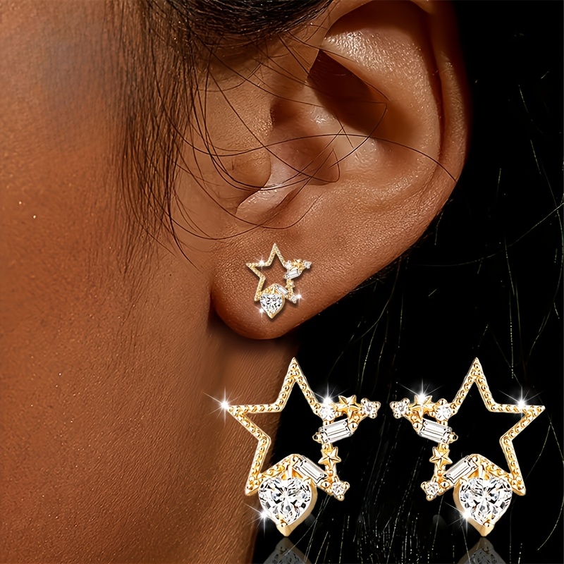 2pcs Ultra-Sparkling Star Zirconia Stud Earrings, Elegant Gift
