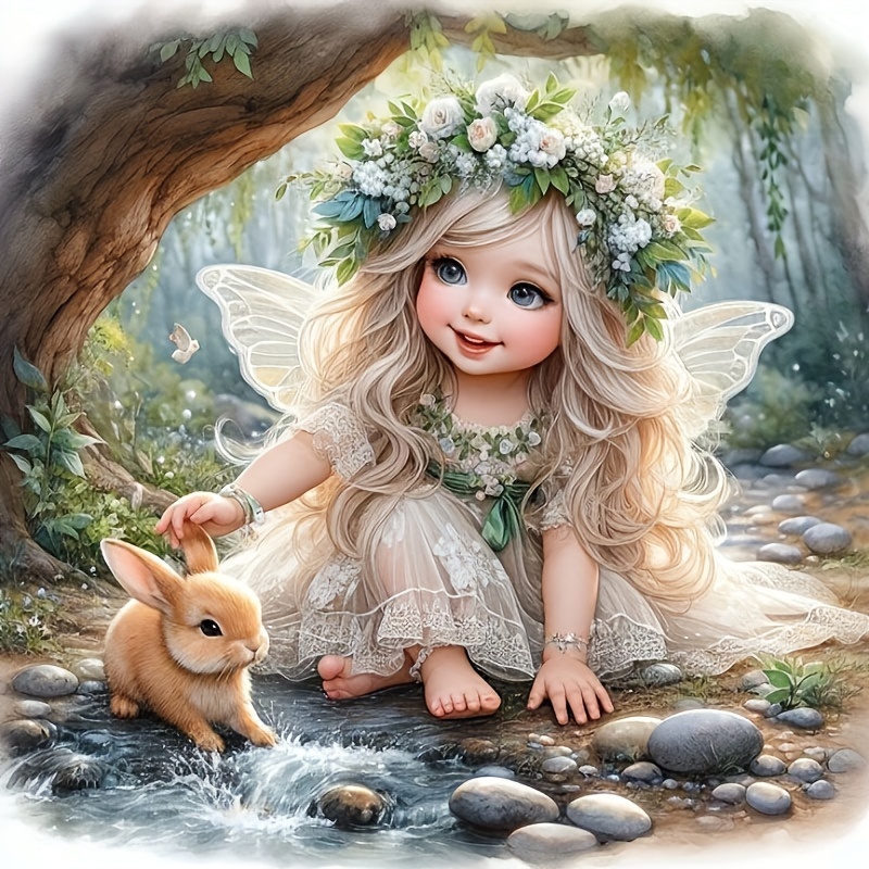 

Fairy And Bunny Diamond Painting Kit For Beginners And Adults, Animal Theme, Round Acrylic Diamonds, Mosaic Craft Art, Wall Decor Gift 30x30cm