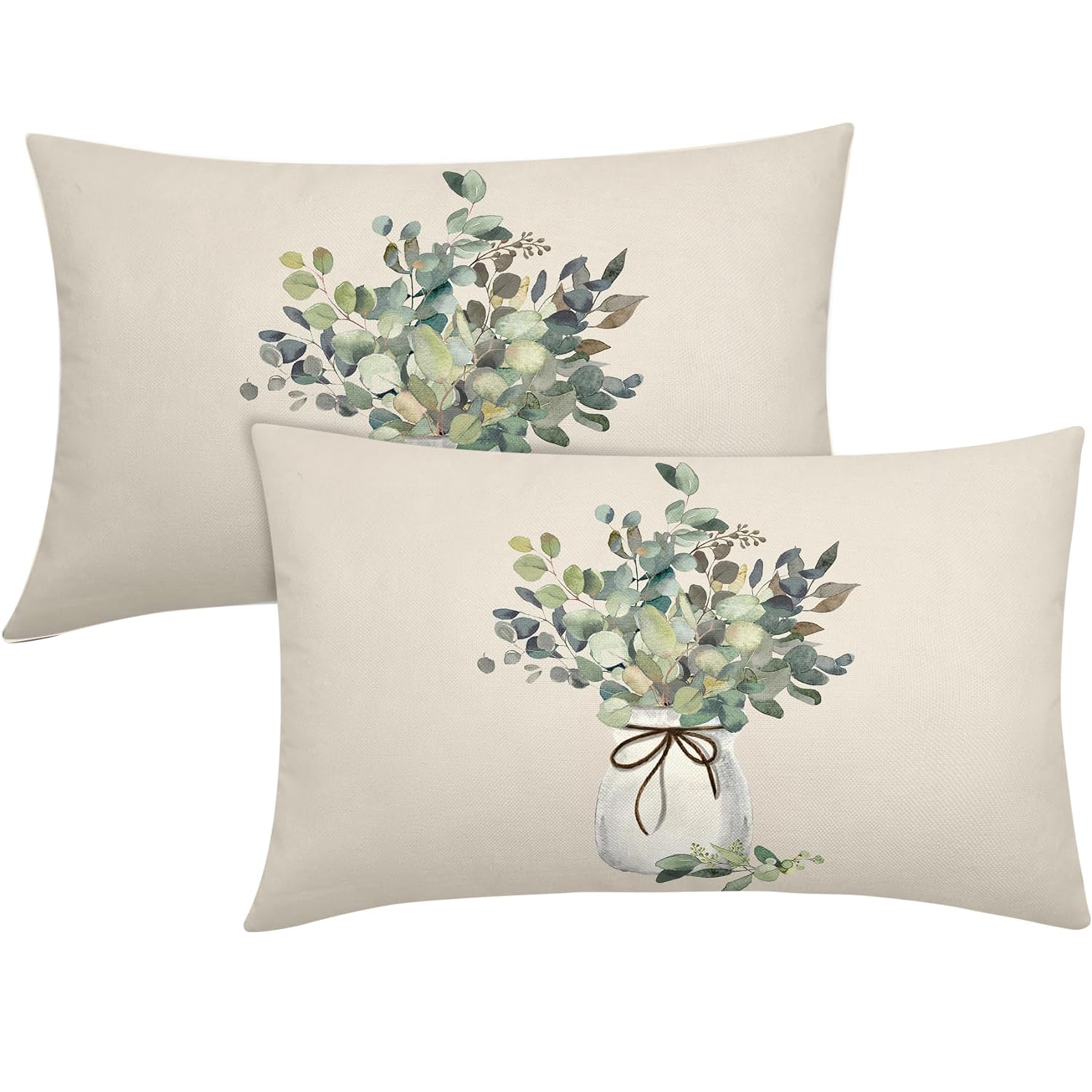 TEMU Ensemble de 2 housses de coussin lombaire en lin avec feuilles d'eucalyptus aquarellées, parfaites pour et l'été. Ces coussins de décoration