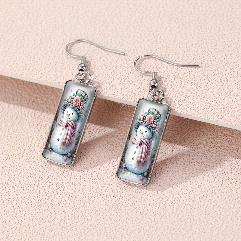 TEMU A Pair Of Floral Snowman Earrings, Square-shaped Glass Additions