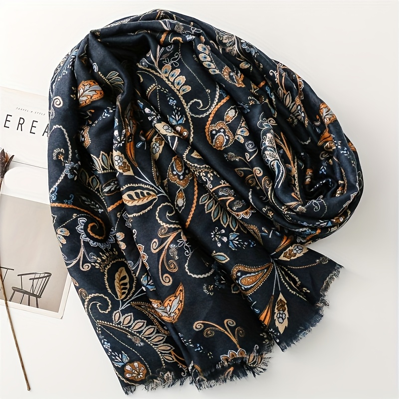 Women'S Stylish Scarf in Dark-Colored Cashew Flower with Fringed Edges, a Soft Shawl for Ladies