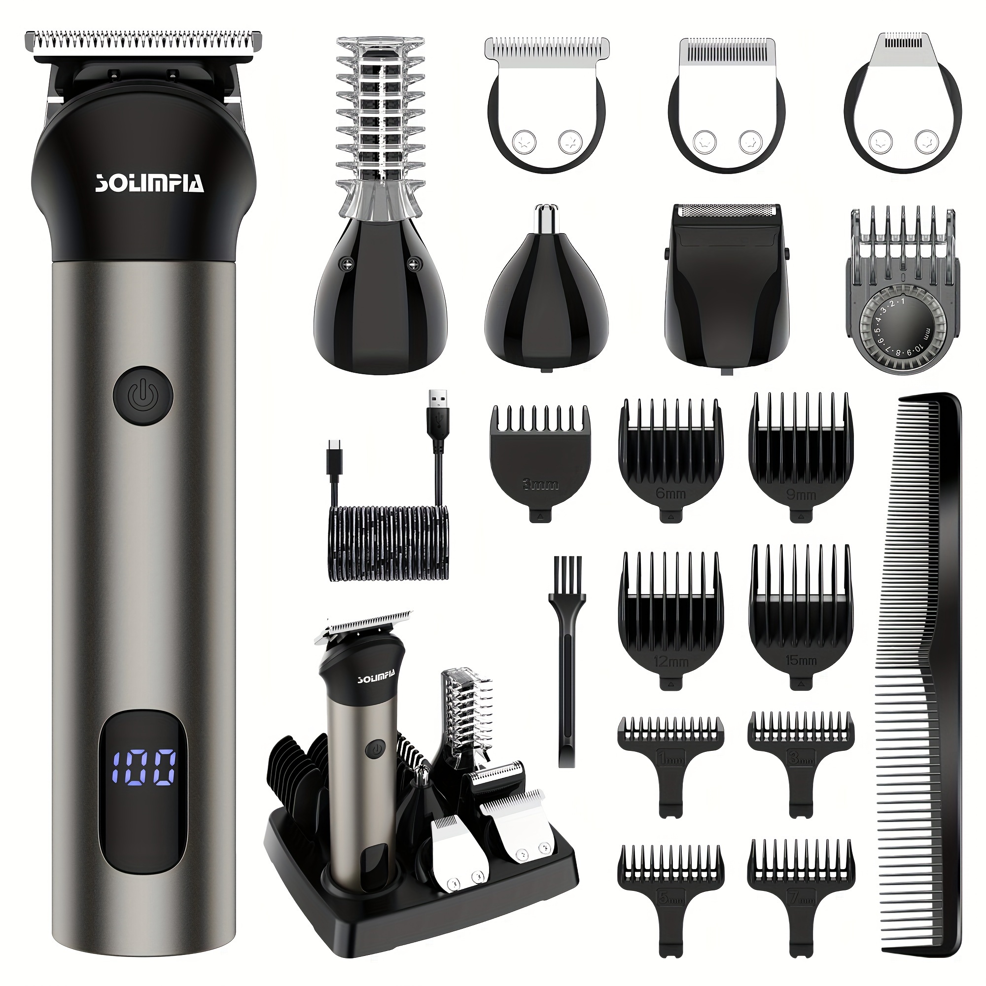 TEMU Solimpia Professional 7in 1 Hair Trimmer For Men, Cordless Barber Hair Cutting Trimmer Rechargeable Beard Nose Body Hair Grooming Kit For Men