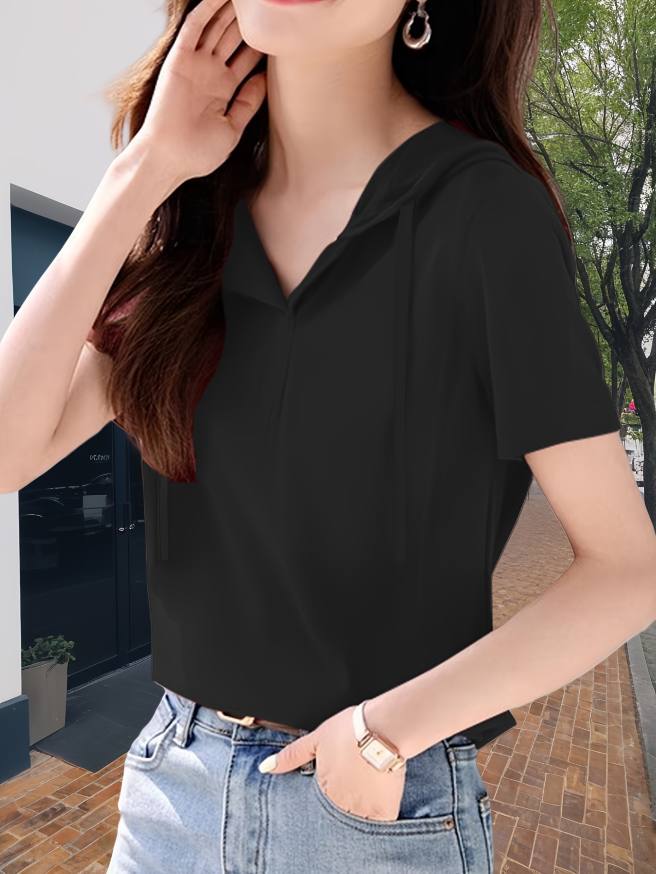 women's casual solid color hoodie top drawstring short Temu Ireland