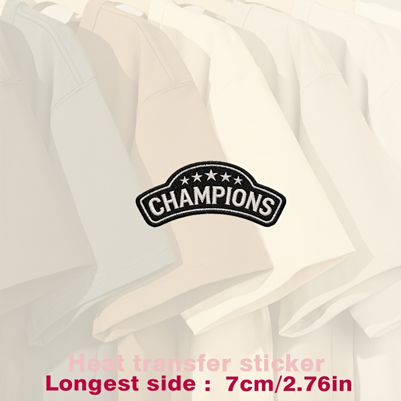 TEMU Black And White "champions" Patch With , Featuring Lettering And Textured, Heat Transfer Stickers Are Suitable For Flat Fabrics Such , Hats,