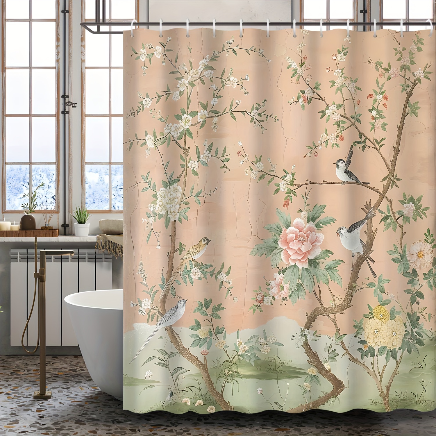 

Zen Garden Birds And Floral Shower Curtain Set, Chinese Style Magpie And Print, Water-resistant Polyester Fabric Bathroom Decor With 12 Hooks, Grommet Top Woven Hanging Tapestry, 72x72 Inches