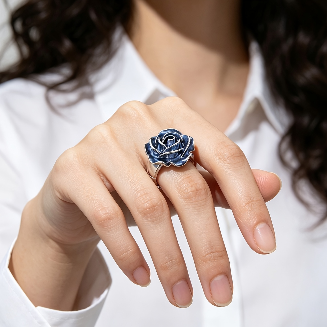 Women's 2pcs Vintage 3D Enamel Rose Flower Statement Ring Set