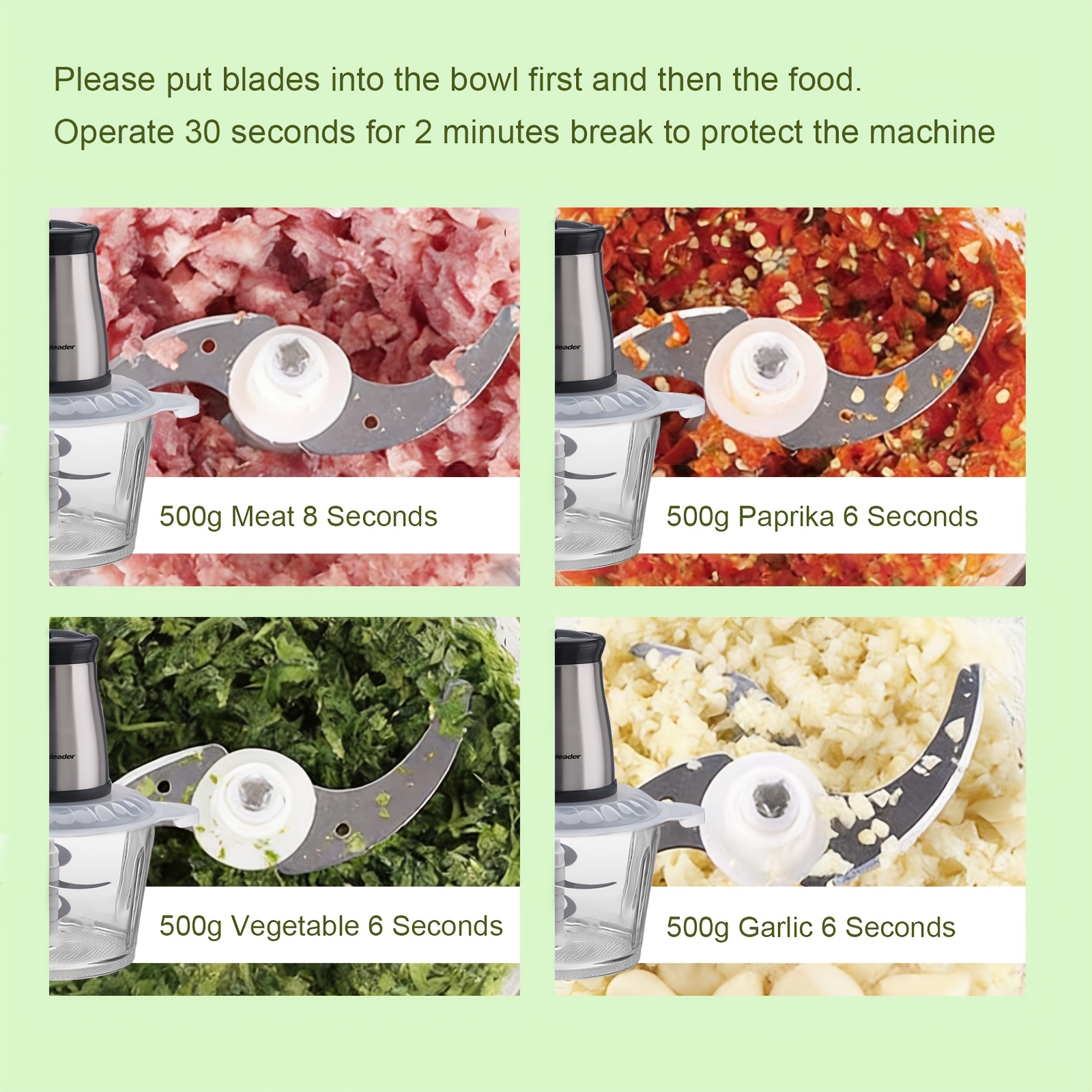  electric food chopper 4 stainless steel dual bowl multi purpose meat vegetable grinder detachable compact easy clean household kitchen food processor Product details 6