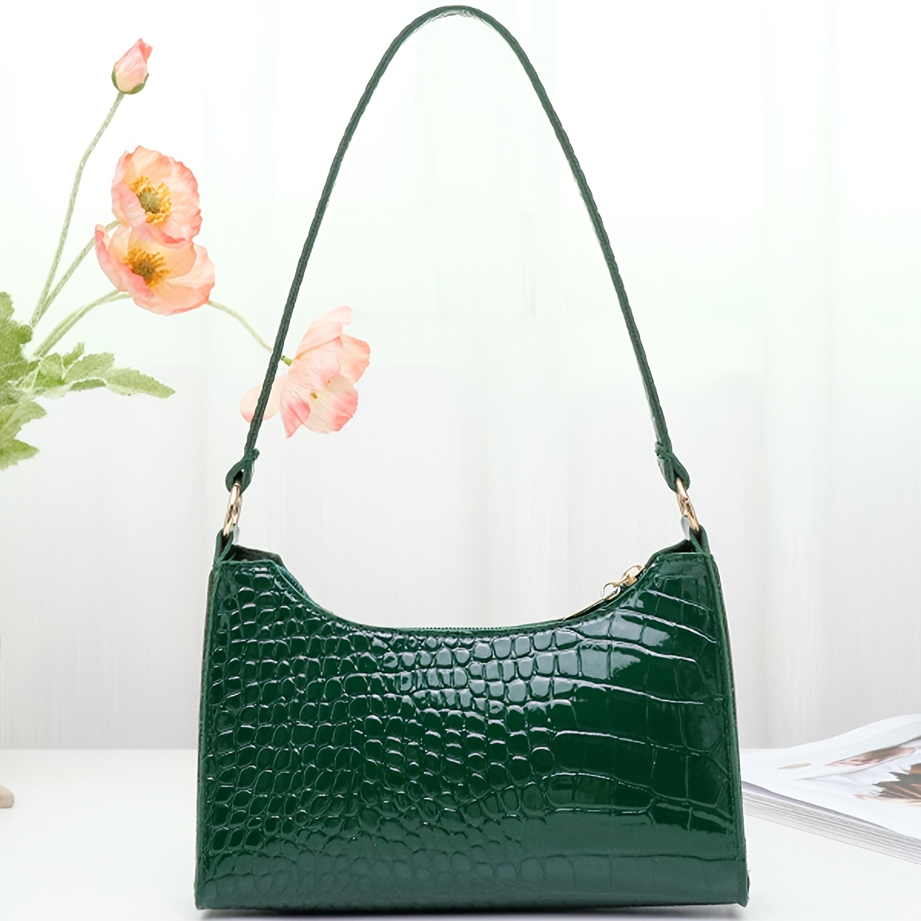 TEMU 2026 New Glossy Crocodile-embossed Underarm Bag, Niche Design Baguette Bag, Versatile Single-shoulder Bag