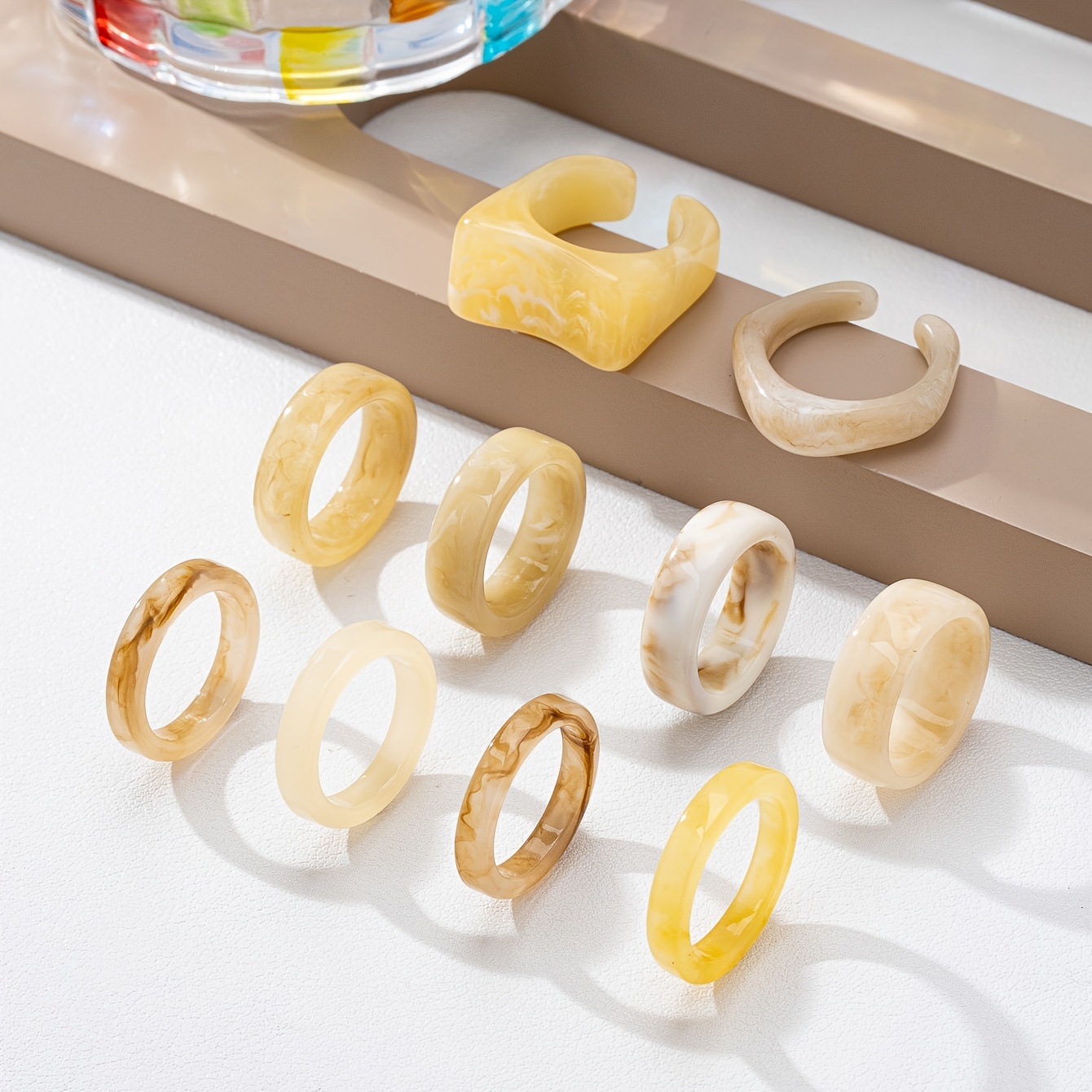 10pc Bohemian Style Fresh Pastel Resin Ring Set