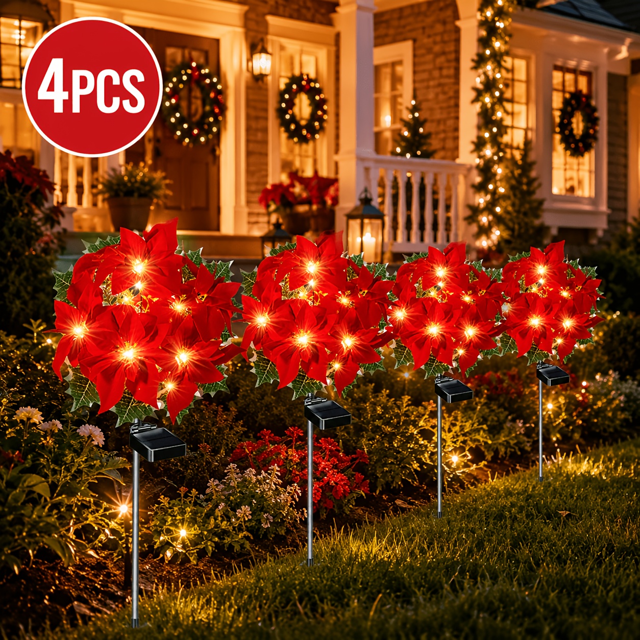 TEMU 4-pack Solar Poinsettia Garden Stake Lights, Outdoor Solar Flower Lights, Red Poinsettia Decorative Lights, Suitable For Gardens, Lawns, ,
