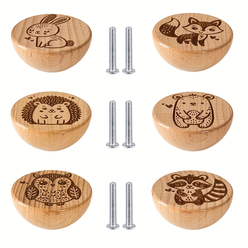 Image of Set Of 6 Unique Handcrafted Wood Drawer Knobs Featuring Engraved Designs Of Forest Animals, Perfect For Enhancing Furniture Like Dressers And Kitchen Cabinets