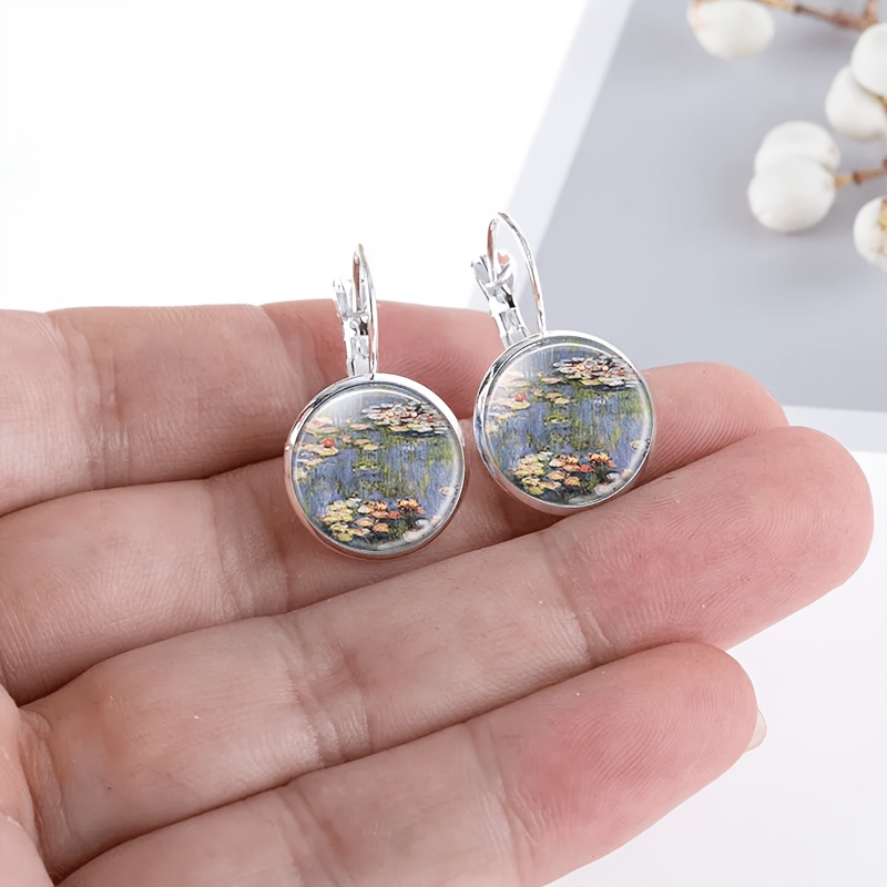 2pcs Set White French Ear Hook Earrings, Monet Water Lilies Design