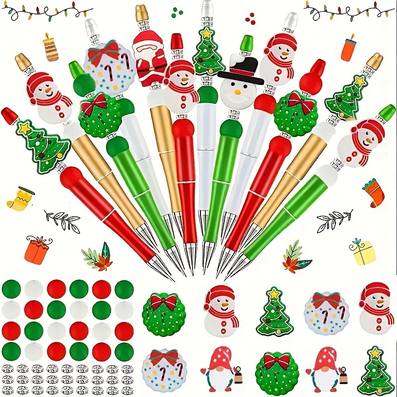 

32-piece Christmas Color Palette Diy Beading Pen Kit, Plastic Bead Jewelry Making Set With 4 Ballpoint Pens, 12 Silicone Beads & 16 Crystal Spacer Beads, Craft Gift Materials For Holiday Presents