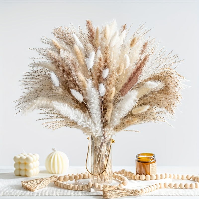 E-shop 148 Stück getrocknetes Pampasgras-Dekor, Pampasgras mit Hasenschwänzchen getrocknet, Schilfgrasstrauß für Hochzeit, Boho, Tischdekoration für