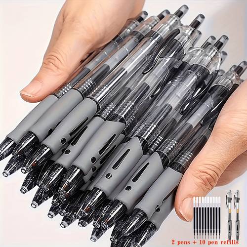 12pcs 2 pens 10 refills high capacity gel ink pen set 0 5mm fine point black ink ballpoint pens with a comfortable drying and smooth writing ideal for note taking and writing office and school supplies an