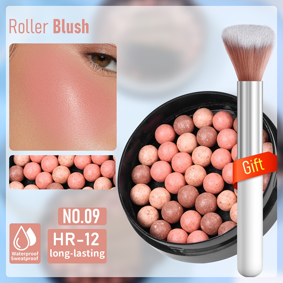 1pc Rollerball Blush + 1pc Blush Brush Set - Unique Rollerball Formula - Shine - Brightens Light Beige - Long-lasting And Water-resistant - With Blush Brush - Girls' Cosmetics - Mother's Day & Gift