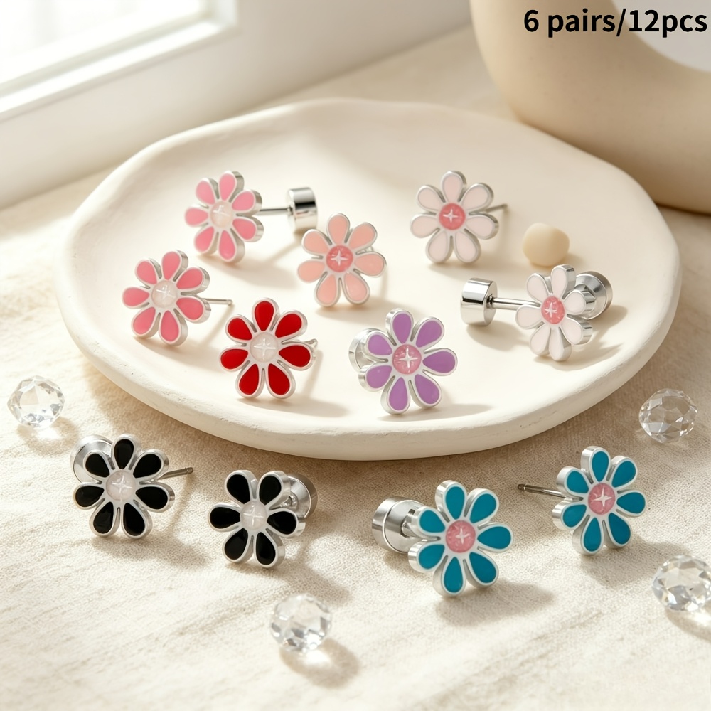 6 Pairs Women Daisy Flower Stud Earrings Set, 18K Gold Plated