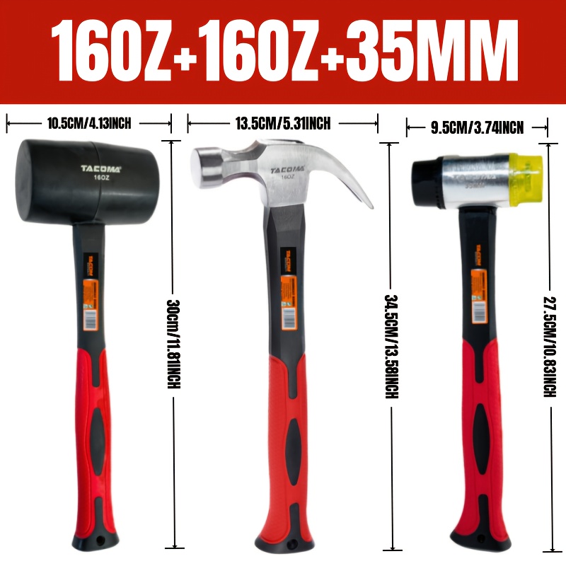 E-shop 2er oder 3er Hammer-Set mit 16oz oder 8oz Gummihammer, 8oz oder 16oz Klauenhammer, 25mm oder Installationshammer, TPR-Stoßdämpfender Griff für